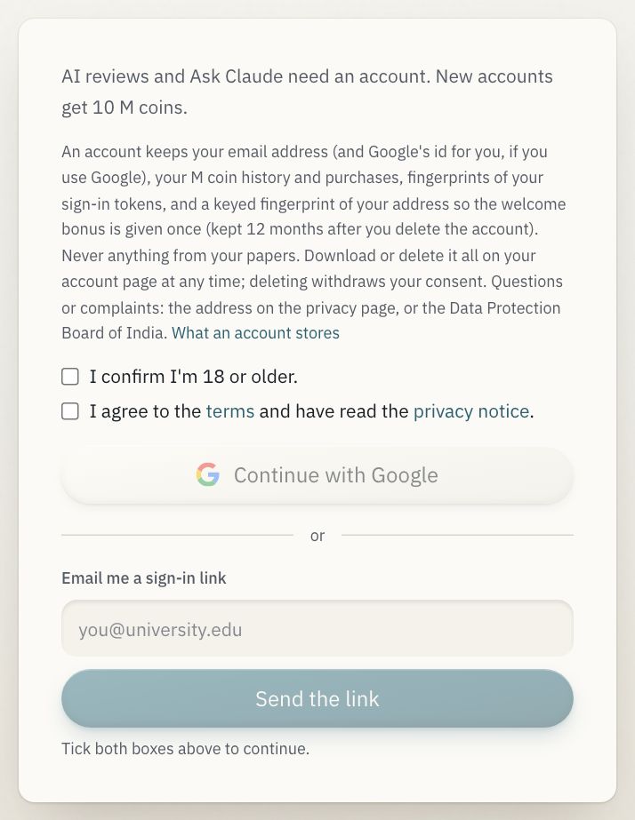 Signing in: Continue with Google, or an emailed link