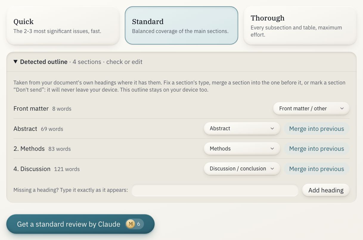 Step 3: the three depths, the detected outline opened, and the review button