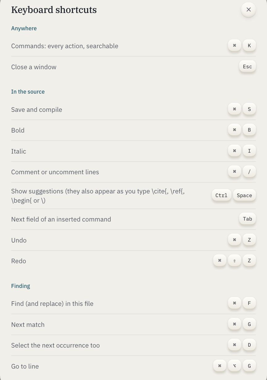 The keyboard shortcuts window