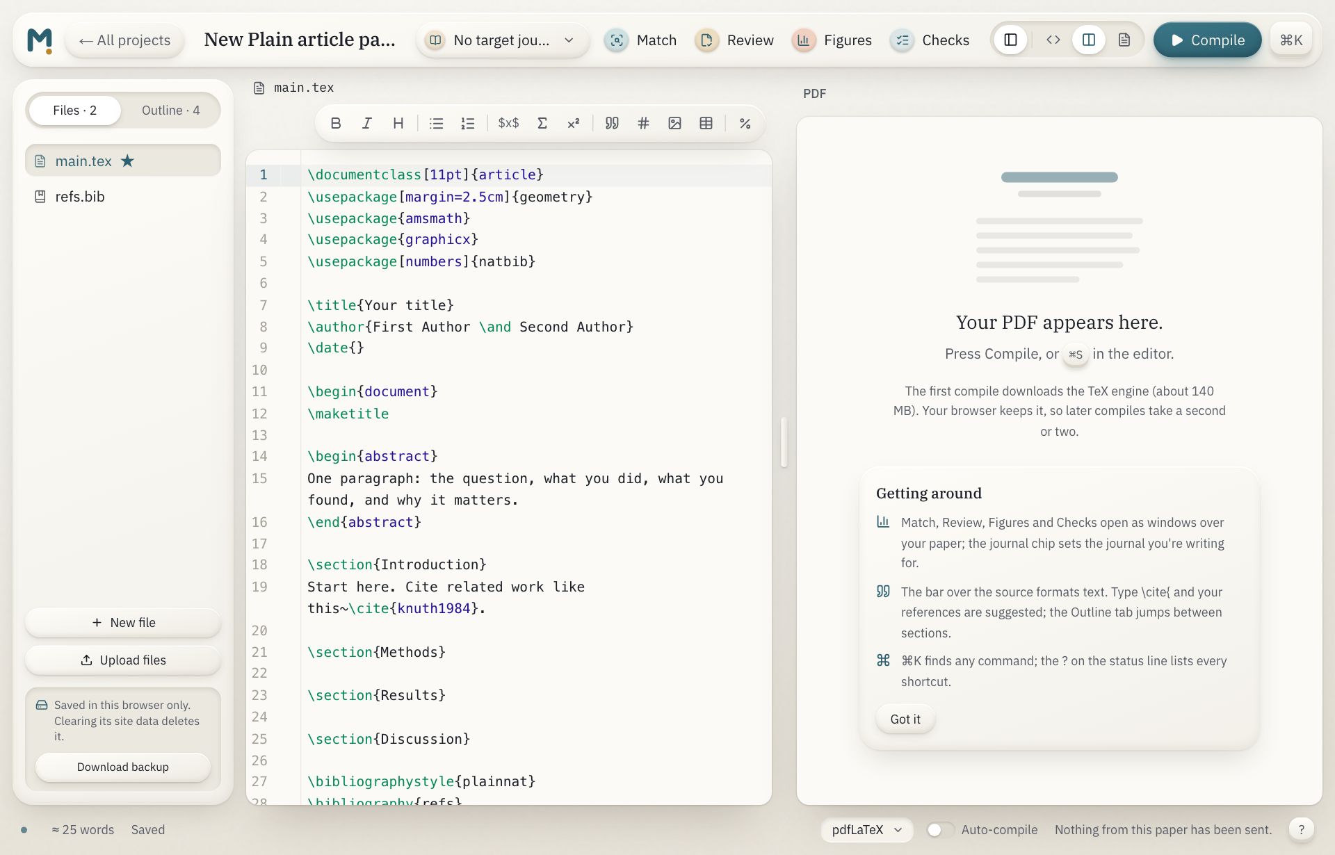 The workspace: the tray, files, the formatting bar, the source, the PDF sheet and the status line
